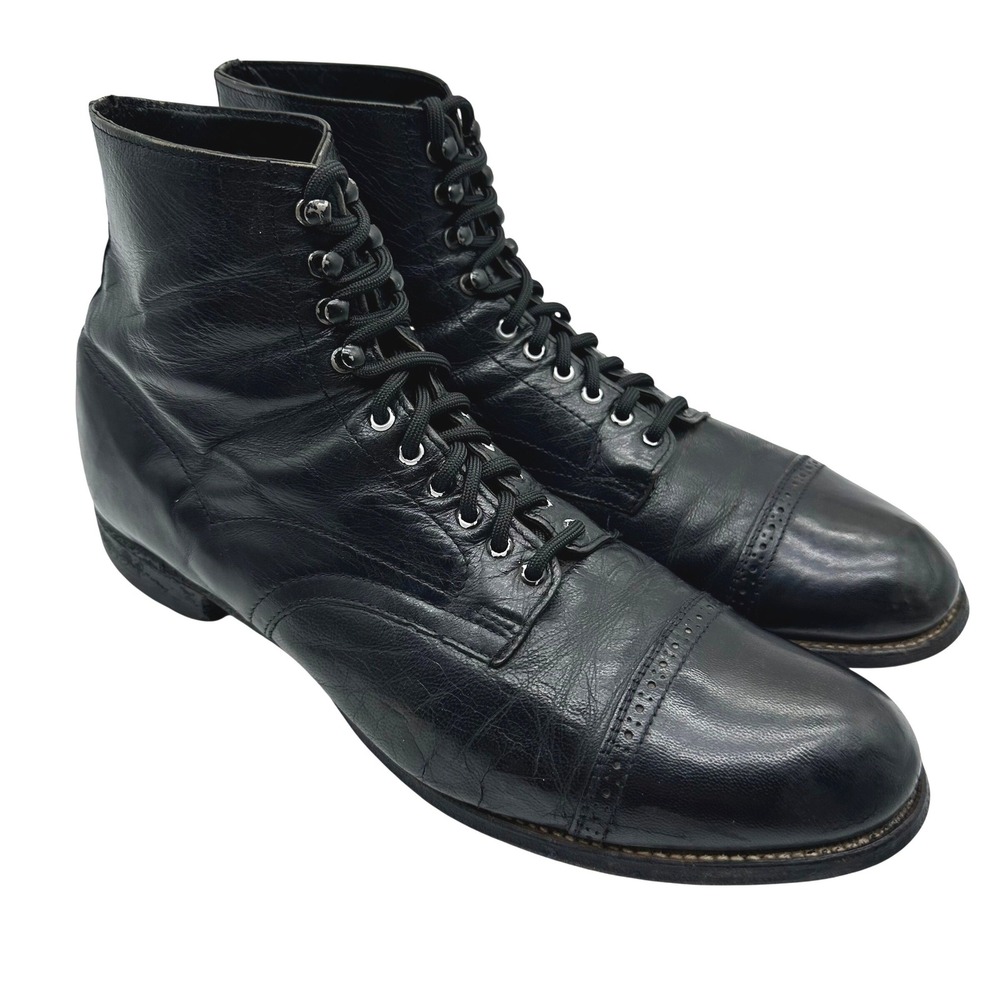Vintage Stacy Adams Madison Black Kidskin Leather Cap Toe Lace Dress Boots 10D